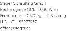 Steger Consulting GmbH Bechardgasse 18/6 | 1030 Wien Firmenbuch: 405709g | LG Salzburg UID: ATU 68277937
office@steger.at